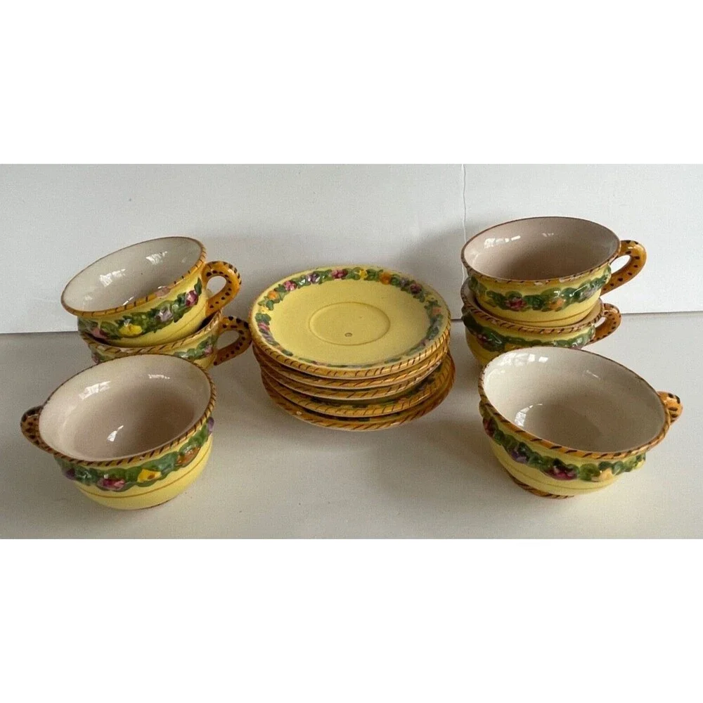 Vtg BITOSSI Italy Della Robbia Coffee Set Cups Saucers Sugar Hand Painted Yellow